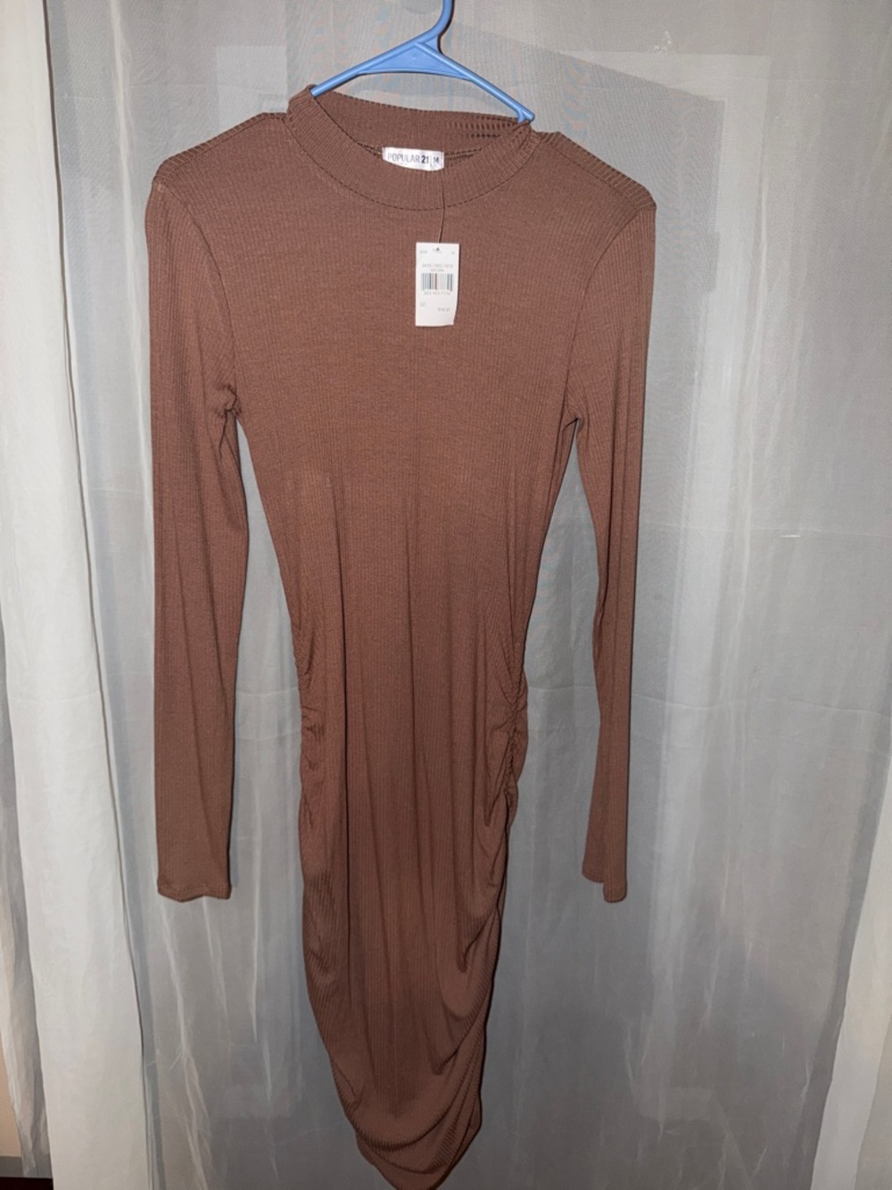 Brown Long-Sleeve Ruched Midi Dress